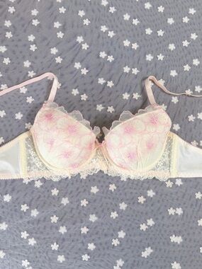 US-32B/JP-C70 Japanese Brand Sweet Pink Glittery Floral Embroidery Push Up Bra